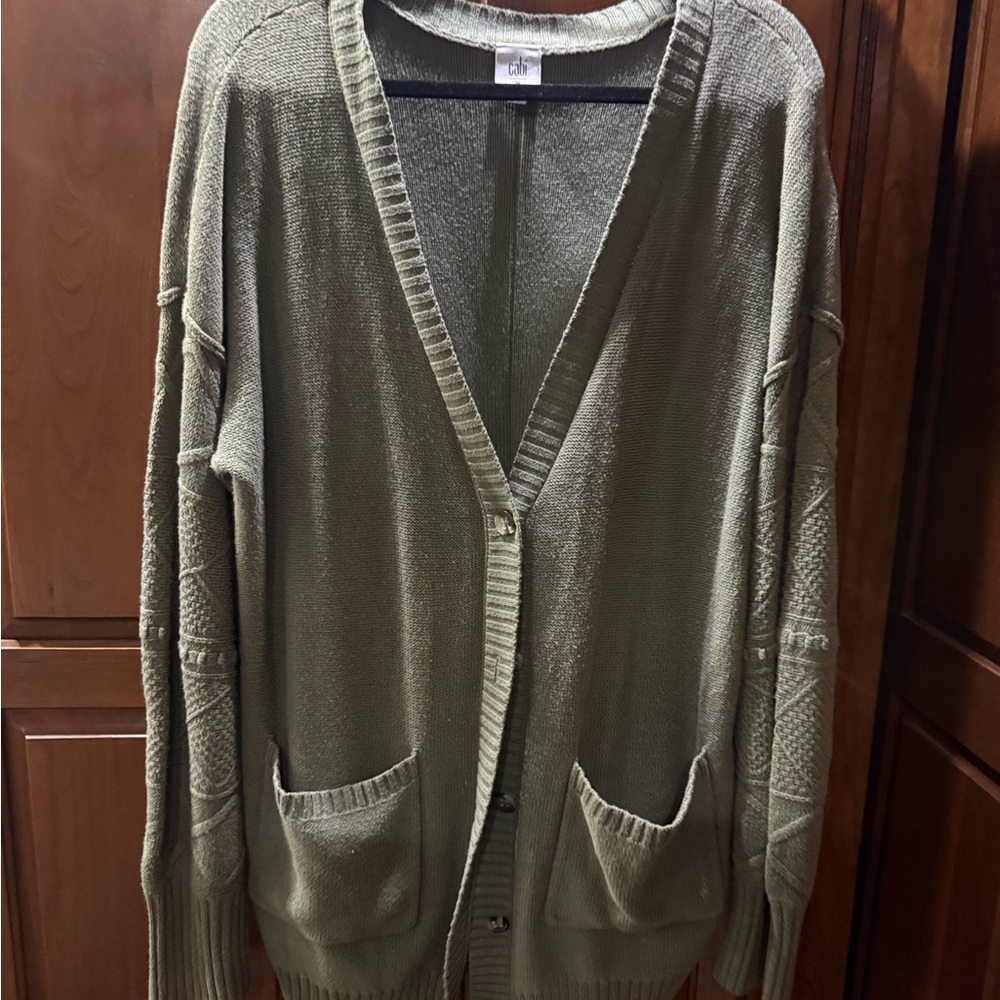 Cabi Trinity Stitch Button Front Cardigan Sweater, olive green